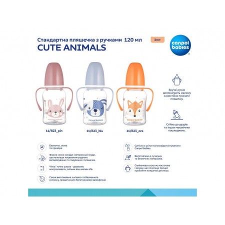 Стандартная бутылочка с ручками 120 мл CUTE ANIMALS – синяя Canpol Babies 11/823_blu Стандартная бутылочка с ручками 120 мл CUTE ANIMALS – синяя Canpol Babies 11/823_blu