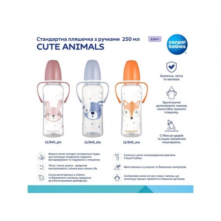 Стандартная бутылочка с ручками 250 мл CUTE ANIMALS – розовая Canpol Babies 11/845_pin Стандартная бутылочка с ручками 250 мл CUTE ANIMALS – розовая Canpol Babies 11/845_pin