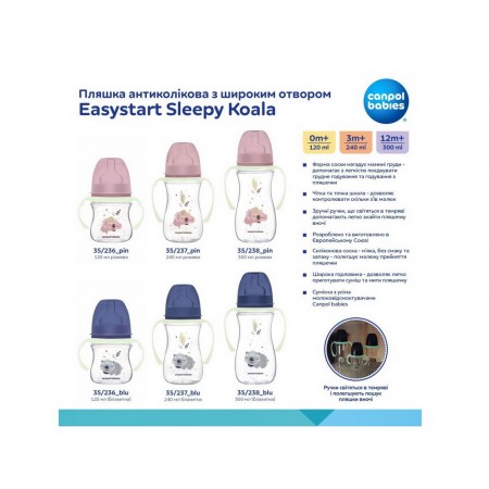 Бутылка антиколиковая с широким отверстием 300 мл Easystart Sleepy Koala - розовая Canpol Babies 35 35-238_pin Бутылка антиколиковая с широким отверстием 300 мл Easystart Sleepy Koala - розовая Canpol Babies 35 35-238_pin