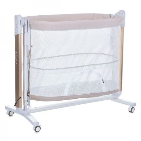 Кроватка-манеж ME 1125-G NOA Beige детское, APP, LED экран, 4цв., матрас, качели, ремни, сумка, алюм., золото+беж