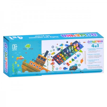 Деревянная игрушка Центр развивающий MD 2772 4в1, игровое поле 36-13,5см, цифры, фигуры, рыбалка(магнитная,1 удочка, рыбки 10шт), цветные кольца, в кор-ке