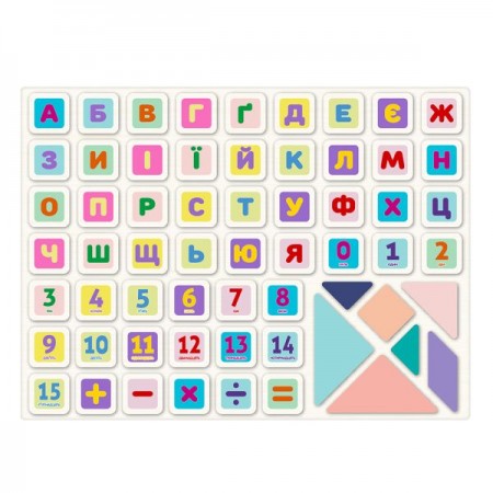 Деревянная игрушка Мольберт MD 1380 34-23-в44см, доска двухсторонняя (для рисования мелом/маркером-магнитная), магнитные фигуры, украинский алфавит, цифры, математические знаки, маркер, мел (цветная, 4шт), губка, в кор-ке