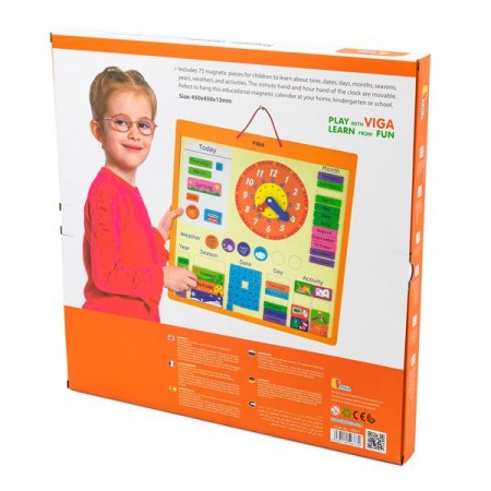 Магнитный календарь Viga Toys с часами на английском языке Магнитный календарь Viga Toys с часами на английском языке