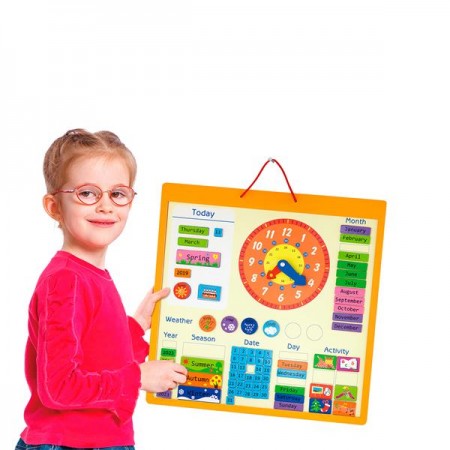 Магнитный календарь Viga Toys с часами на английском языке Магнитный календарь Viga Toys с часами на английском языке