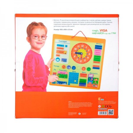 Магнитный календарь Viga Toys с часами на украинском языке 50377U