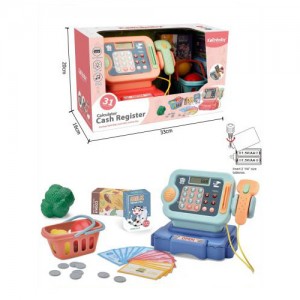Детский игрушечный кассовый аппарат 1001E 21 см, калькулятор, сканер, звук, свет, корзина, продукты, 31 предмет