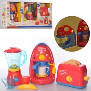 Дитячий іграшковий набір побутової техніки QF2576 кавоварка-ллється вода, блендер-обертається гвинт, тостер, фрукти, звук, світло