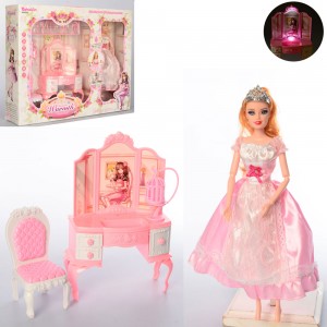 Детский туалетный косметический столик-трюмо 6950-A, стул, аксессуары, кукла 30 см, музыка, свет