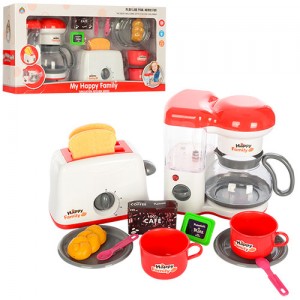 Детский игрушечный набор бытовой техники 5227 кофеварка-свет, льется вода, тостер, посуда