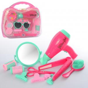 Дитячий іграшковий набір перукаря HC248A-B фен, бігуді, дзеркало, окуляри, косметика / плойка, в валізі