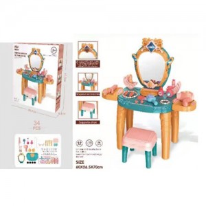 Детский туалетный косметический столик-трюмо 8225C, музыка, свет, стульчик, фен, аксессуары, 34 предмета