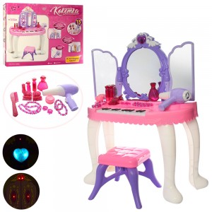 Детский туалетный косметический столик-трюмо YL80015 68 см, стульчик, пианино, фен, аксессуары, музыка, свет