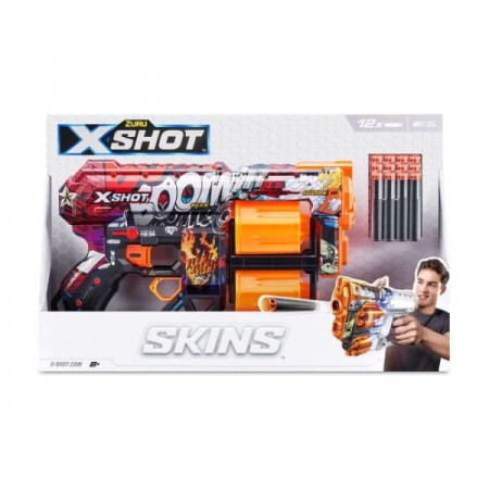 Быстрострельный бластер X-SHOT Skins Dread Boom 36517А , Комплектация: бластер, 12 мягких патронов.