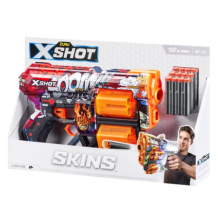 Быстрострельный бластер X-SHOT Skins Dread Boom 36517А , Комплектация: бластер, 12 мягких патронов.