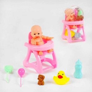 Пупсик з аксесуарами LD 5588-20 D стілець для кормления, іграшка, пляшка, улюбленець, пискавка, в сітці¶