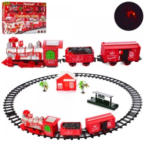 Дитяча залізниця новорічна 820-2 локомотив19см, вагон2шт, домик11см, станція, звук, світло, на бат