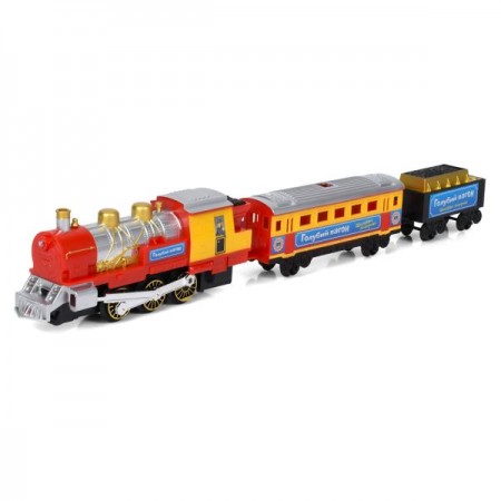 Залізниця 70155 (614) Блакитний вагон, 282см, локомотив 22,5см, вагон2шт, муз(укр), світло, дим, на батарейках, в коробці