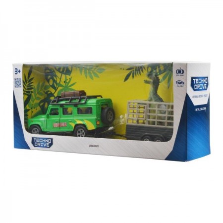 Игровой набор TechnoDrive Land Rover с прицепом и динозавром 29 см 520178.270