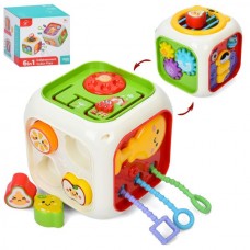 Игра 989 куб, 14см, 6в1, бизикуб, шестерни, сортер, грань-резинки, фигуры 4шт, лабиринт, диск-трещотка, подвижные детали, в кор-ке