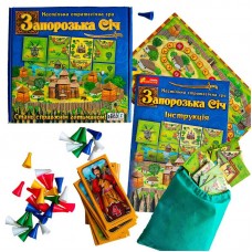  Настільна гра "Запорізька Січ" 12120089У "Ранок", 96 тайлів землі, 40 фішок-воїнів, 40 тайлів-персонажів, поле для підрахунку балів, правила, в коробці