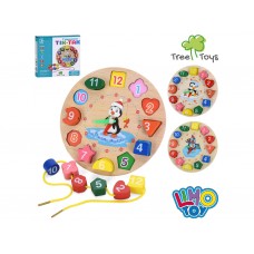 Деревянная развивающая игрушка 2 в1 MD 0766, часы, шнуровка, 3 вида