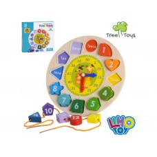 Деревянная игрушка 2 в 1 Часы-шнуровка MD 0767, фигуры-цифры, названия на английском Деревянная игрушка 2 в 1 Часы-шнуровка MD 0767, фигуры-цифры, названия на английском