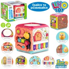 Игра FT 0029 AB куб 19см, 6в1(пианино, барабан,шестеренки, сортер, подвижные детали), муз-звук(англ), звуки животных, звук, свет, 6 фигур, 2 режима громкости, 2 вида(магнитная игра-накорми птичку / телефон), на баарейках, в коробке