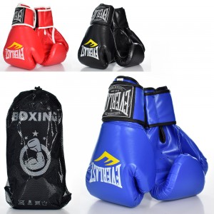 Боксерские перчатки MS 2108-4 размер10oz, на липучке, 3цв красный, синий, черныйке, в сетке