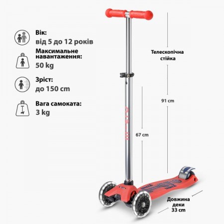 Трехколесный самокат Micro Maxi Deluxe Glow LED светящийся красный MMD368 Трехколесный самокат Micro Maxi Deluxe Glow LED светящийся красный MMD368