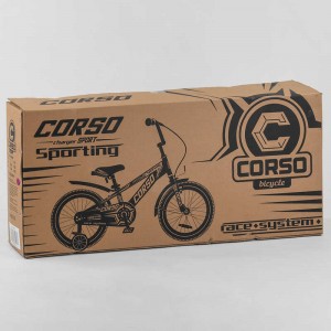 Велосипед 16" дюймов 2-х колёсный "CORSO" R-16119 ручной тормоз, звоночек, доп. колеса, СОБРАННЫЙ НА 75 в коробке