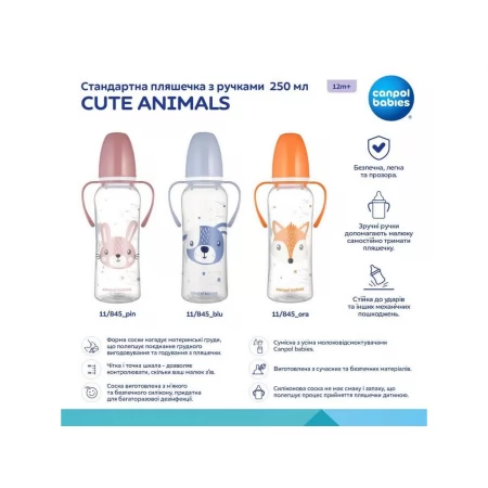 Стандартная бутылочка с ручками 250 мл CUTE ANIMALS – синяя Canpol Babies 11/845_blu