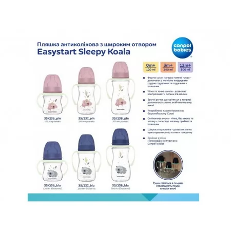 Бутылка антиколиковая с широким отверстием 300 мл Easystart Sleepy Koala - розовая Canpol Babies 35 35-238_pin