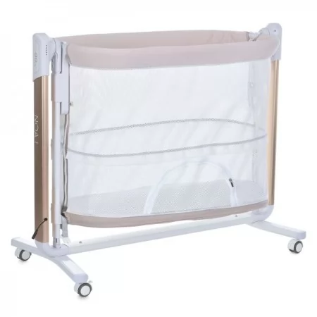 Кроватка-манеж ME 1125-G NOA Beige детское, APP, LED экран, 4цв., матрас, качели, ремни, сумка, алюм., золото+беж