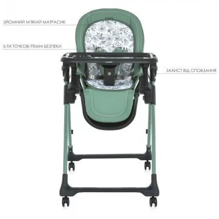 Стільчик ME 1037-B CRYSTAL Green для годування, 5-точ. ремені, матрац, 4 колеса, шкір., зелений