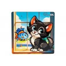 Сортер Монтессорі «Допитливий котик» A6, 140×140 мм, 4 деталі, PuzzleOk 88751