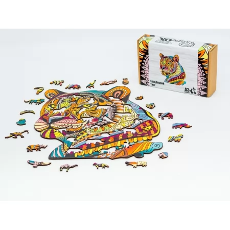 Фигурный деревянный пазл Загадочный Тигр A3 в картонной упаковке PuzzleOk PuzA3-00726