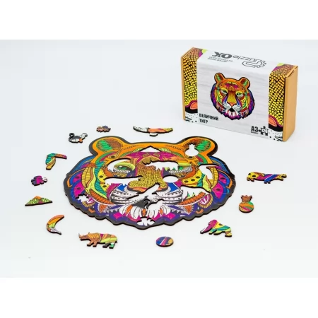 Фигурный деревянный пазл Величественный Тигр A3 в картонной упаковке, PuzzleOk PuzA3-02968