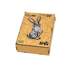 Фигурный деревянный пазл Веселый кролик A3 в деревянной упаковке, PuzzleOk PuzA3-03138
