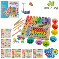Деревянная игрушка Игра MD 2514 мозаика,цифры,фигурки, рыбалка (магнитная, 1 удочка), карточки 3шт(двухсторонние), слова (англ), пинцет, ложка, силиконовые корзинки, в кор-ке, 32-31-8см