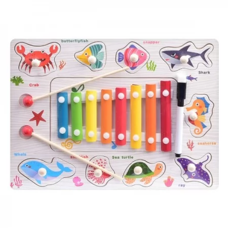 Деревянная игрушка Ксилофон MD 0792 8 тонов, 2 палочки, 2в1(рамка-вкладыш, 9 фигур с ручкой), 5 видов, в пакете, 30-22,5-2см