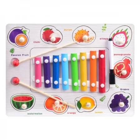 Деревянная игрушка Ксилофон MD 0792 8 тонов, 2 палочки, 2в1(рамка-вкладыш, 9 фигур с ручкой), 5 видов, в пакете, 30-22,5-2см
