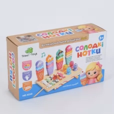 Деревянная игрушка Многофункциональная доска MD 0210 Сладкие нотки, 3в1, игровое поле 21-12,5см, ксилофон (5тонов, палочка), рыбалка (1 удочка, магнитная, рыбки 4шт), морожено-пирамидки 4шт(16дет.), в коробке, 21,5-12,5-6см