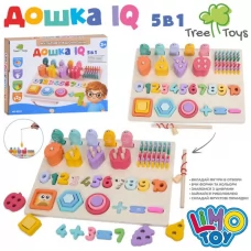 Деревянная игрушка Многофункциональная доска MD 0212 5в1, 29-22-1см, учебная, сортер, цифры, геометрика, рыбалка (магнитная), пирамидка, в коробке, 30-22-3,5см