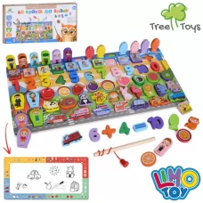 Деревянная игрушка Многофункциональная доска MD 0219 игровое поле 45-22,5см, транспорт, цифры, животные, фрукты, фигурки, рыбалка (магнитная, 1 удочка, рыбки 7шт), названия англ., доска для рисования, 68дет., в коробке, 46,5-23-3,5см