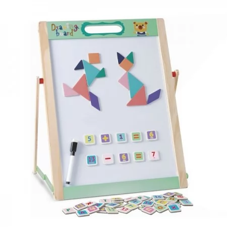 Деревянная игрушка Мольберт MD 1380 34-23-в44см, доска двухсторонняя (для рисования мелом/маркером-магнитная), магнитные фигуры, украинский алфавит, цифры, математические знаки, маркер, мел (цветная, 4шт), губка, в кор-ке
