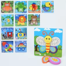 Деревянная игрушка Пазлы MD 1532 12 видов (животные, транспорт, бабочка, утка, рыба, лягушка), в пакете