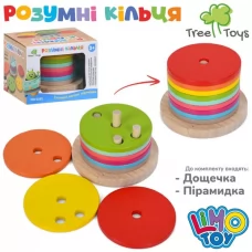 Деревянная игрушка Пирамидка MD 0262 Умные кольца, логическая игра, кольца 9шт, игровая платформа 10-7-10см, в коробке, 10,5-8-10,5см