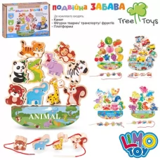 Деревянная игрушка Шнуровка MD 0268 2в1(баланс), 10 фигур, 5 видов (животные, динозавры, транспорт, морские обитатели, фрукты), в коробке, 20-14-3см