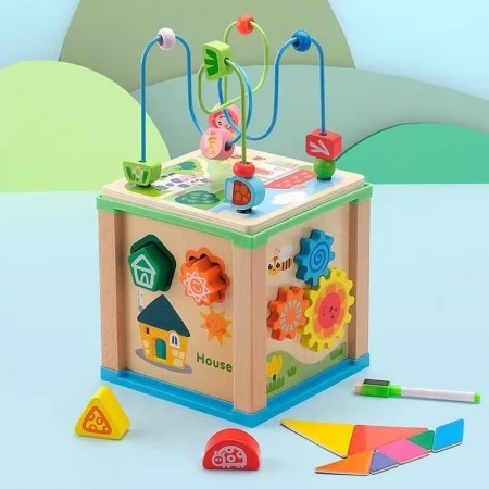 Деревянный сортер-куб BabyToys с лабиринтом и доской для рисования