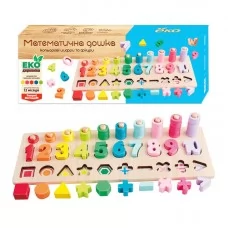 Логічна дерев'яна дошка 94511 "WToys", сортер, цифри, арифметичні знаки, геометричні фігури, кілочки з кільцями, в коробці